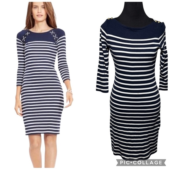 Lauren Ralph Lauren Dresses & Skirts - Lauren Ralph Lauren SZ M Navy Nautical White Stripe Dress Coastal Preppy Spring